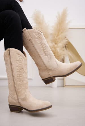 Bottes santiag femme en suédine beige avec talon bas et broderie | Lila & Zoé