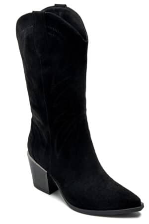 Bottes western santiag femme noires en suédine avec broderies ton sur ton et talon cubain | Lila & Zoé