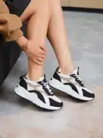 Baskets femme tendance en noir et blanc avec finitions léopard | Lila & Zoé