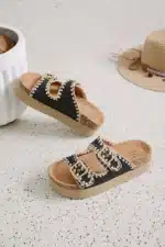 Sandales plateforme noires en tissu tressé avec brides réglables | Lila & Zoé